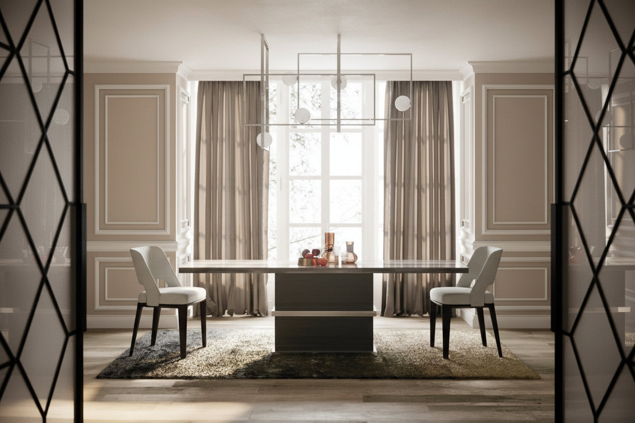 Saturn modern dining room featuring a table and chairs in a stylishly decorated space.