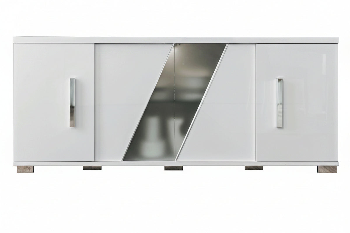 White sideboard with glass panel and metallic handles on a white background