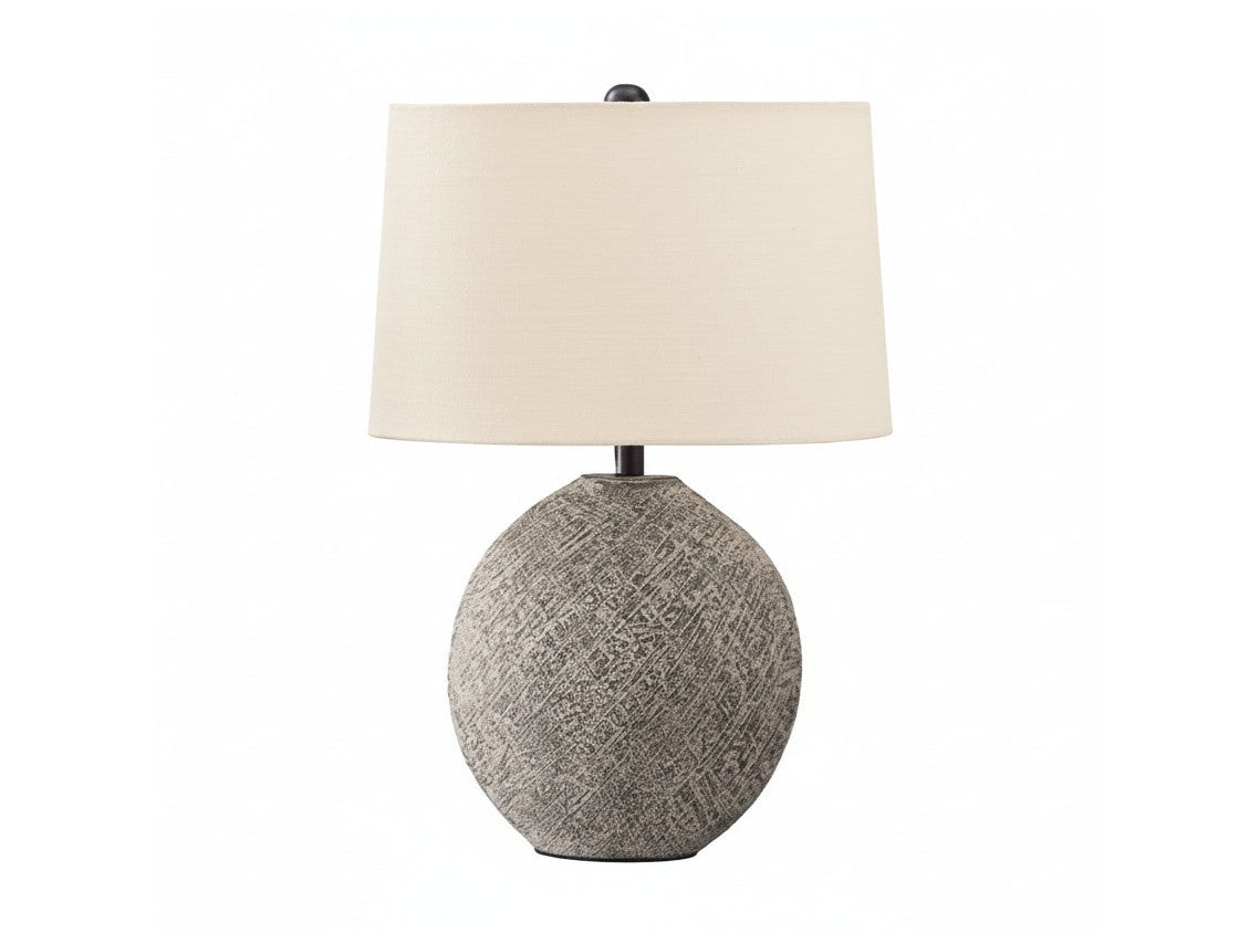 Harif textured table lamp with beige lampshade and dimensions on a white background