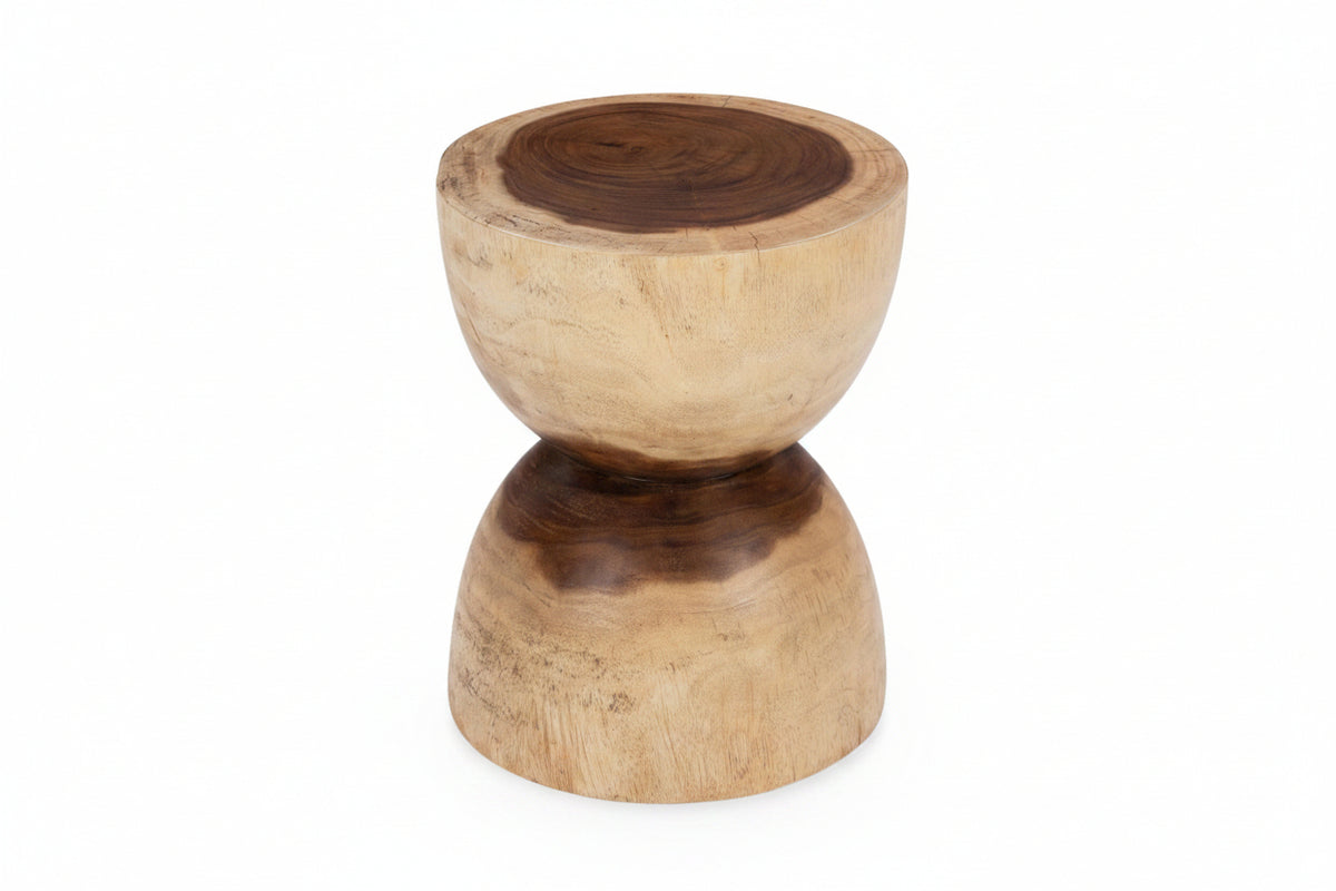 Wooden stool with two stacked cylindrical shapes on a white background