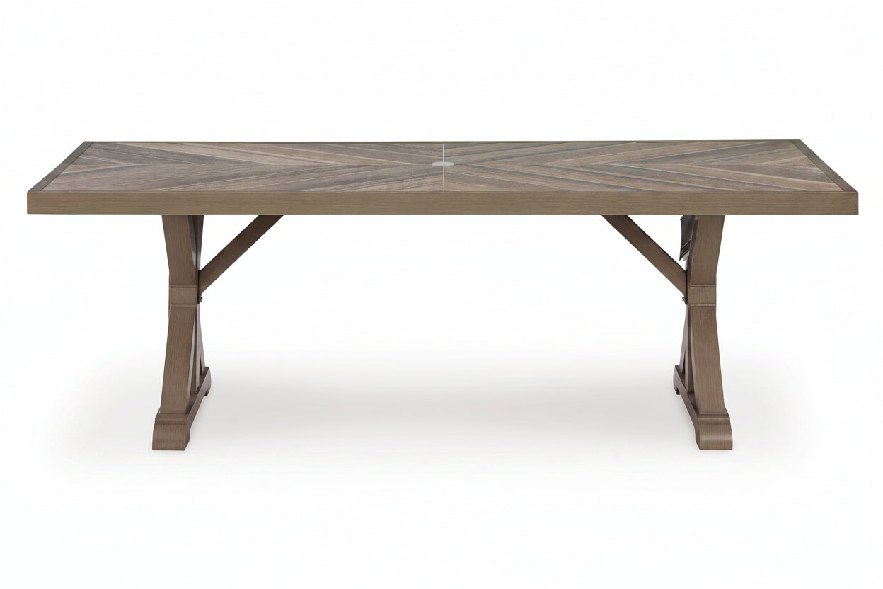Wooden outdoor dining table with a geometric pattern on a white background