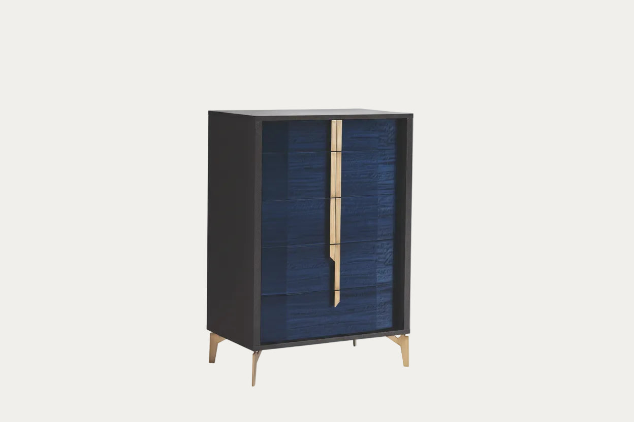 Oceanum 5-drawer chest with blue doors and brass accents on a white background.