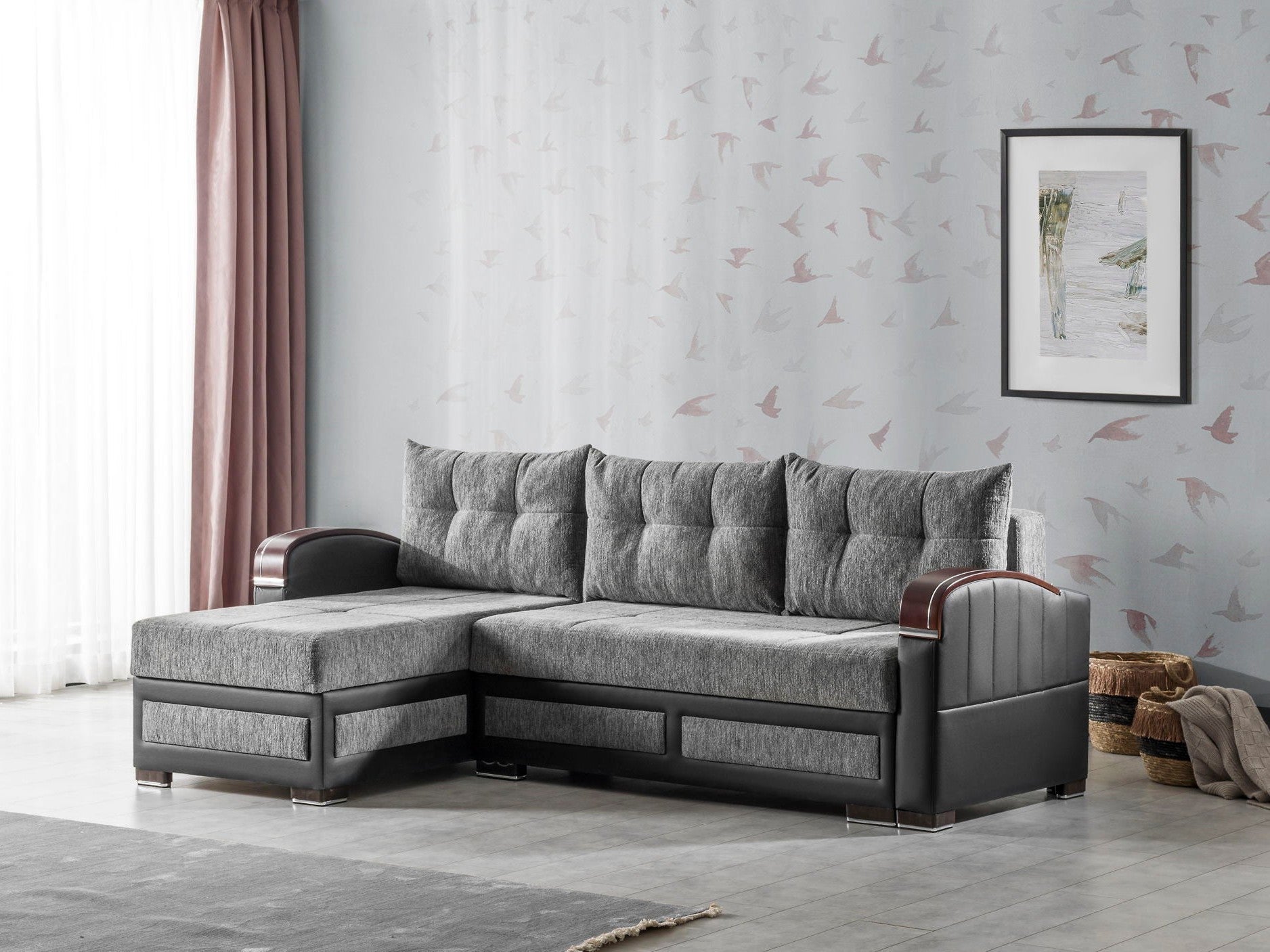 Ottomanson Maya - Upholstered Convertible Sectional with Storage - Gray