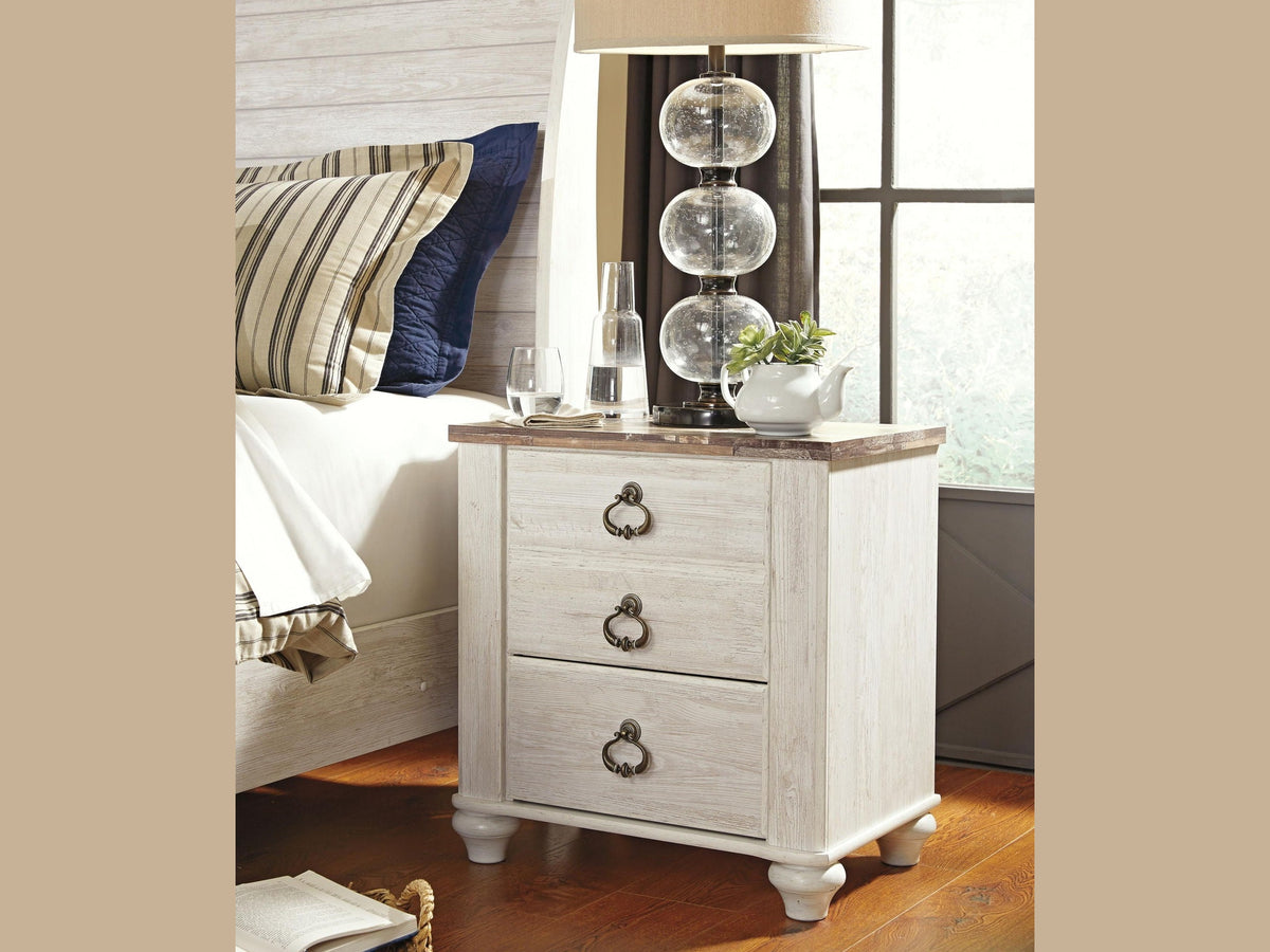 Willowton - Two Drawer Night Stand - Brown / Beige / White