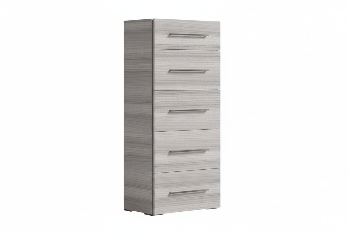 A tall, narrow five-drawer chest of drawers with a light gray wood grain finish and slim horizontal handles, shown on a plain white background.