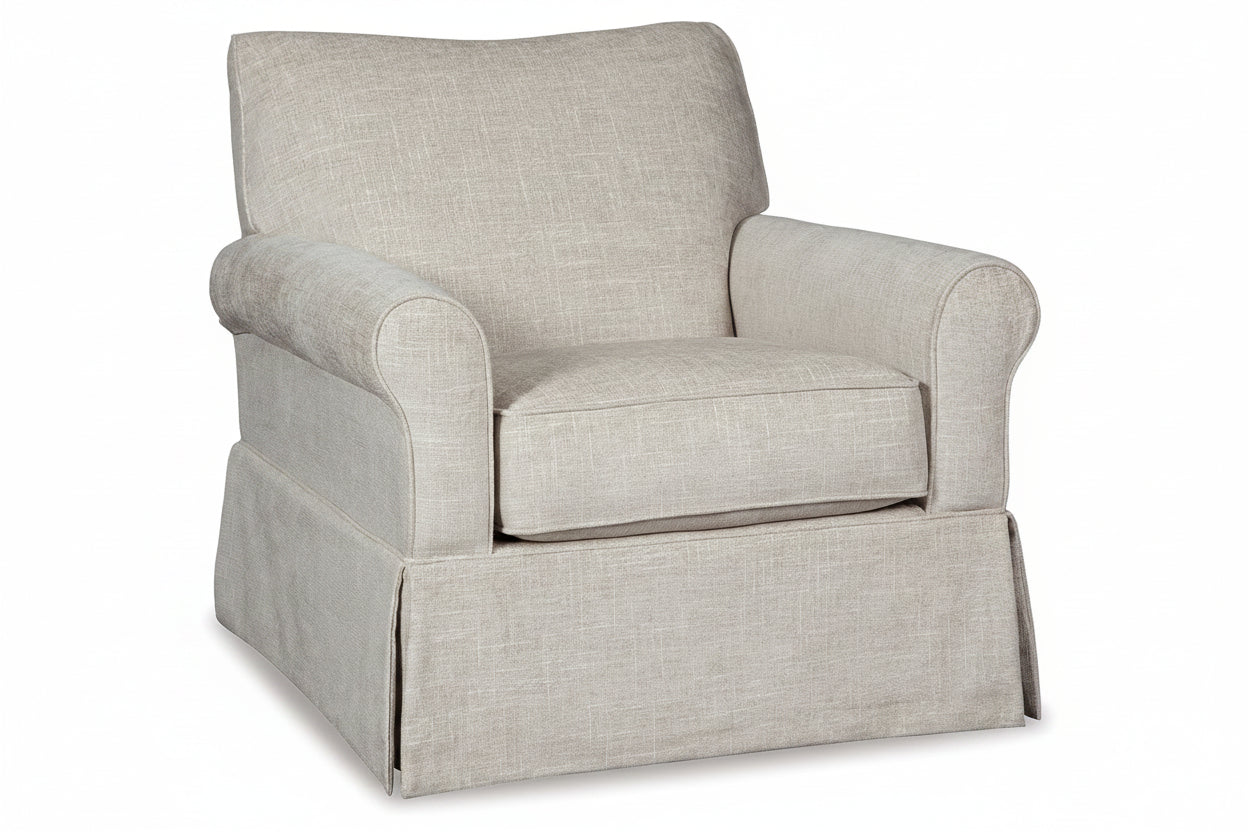 Gray upholstered armchair on a white background