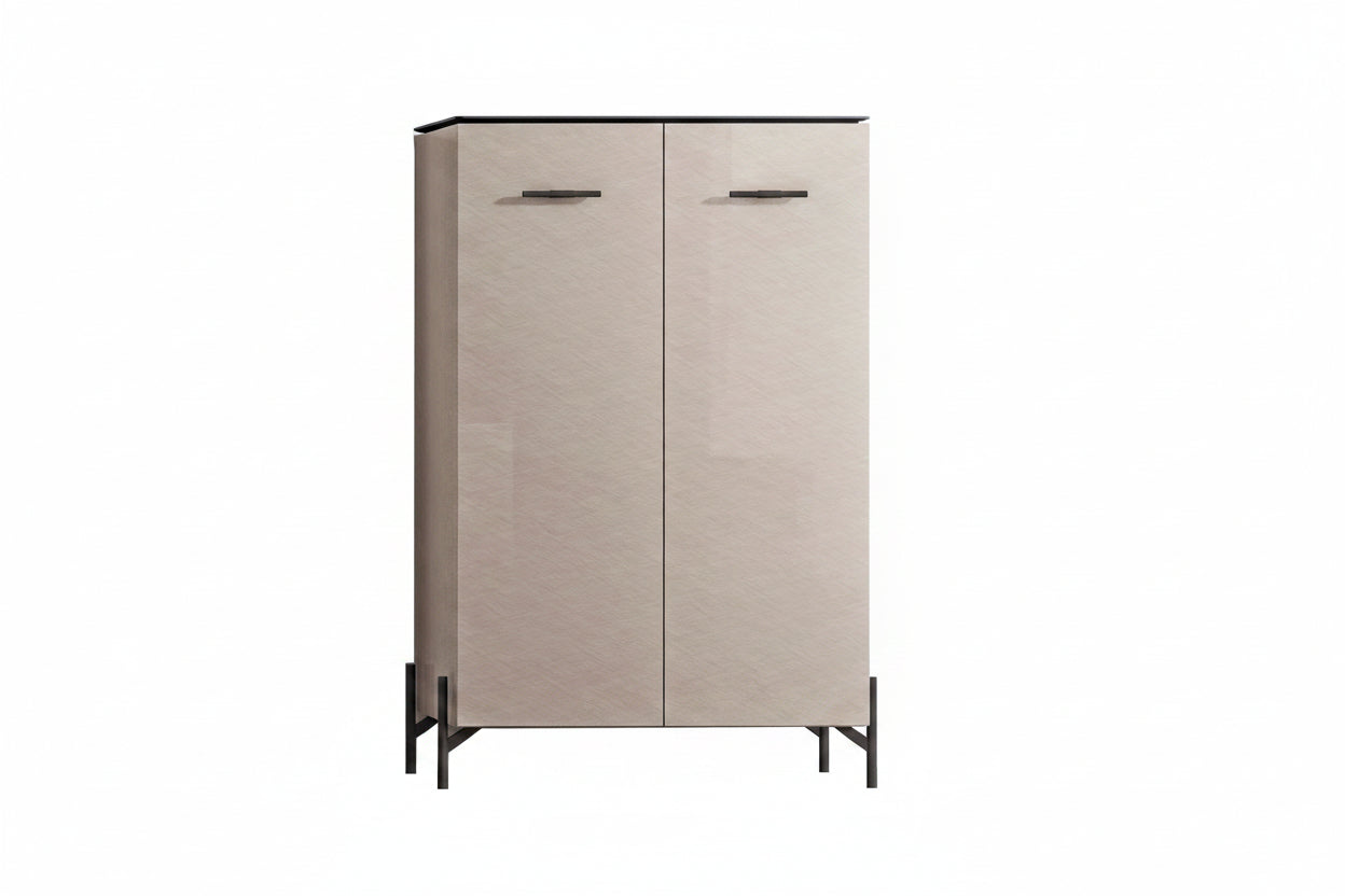 Beige cabinet with black handles on a white background