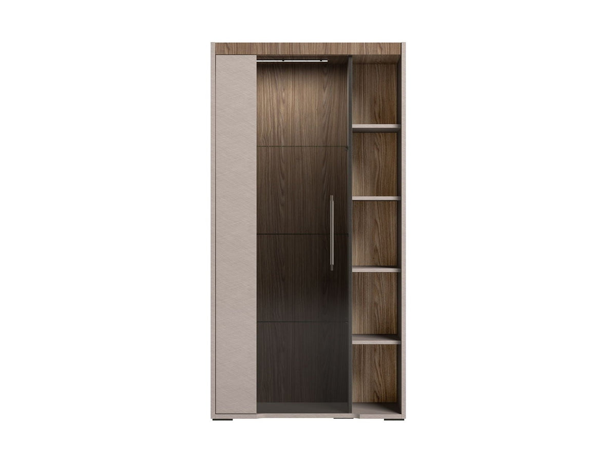 A modern wardrobe or closet cabinet with a dark wood grain front door, a light beige sliding door on the left, and open shelving on the right side, shown against a plain white background.
