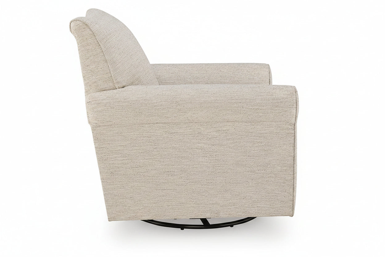 A modern swivel armchair upholstered in a textured light beige fabric, shown from a side angle on a white background.