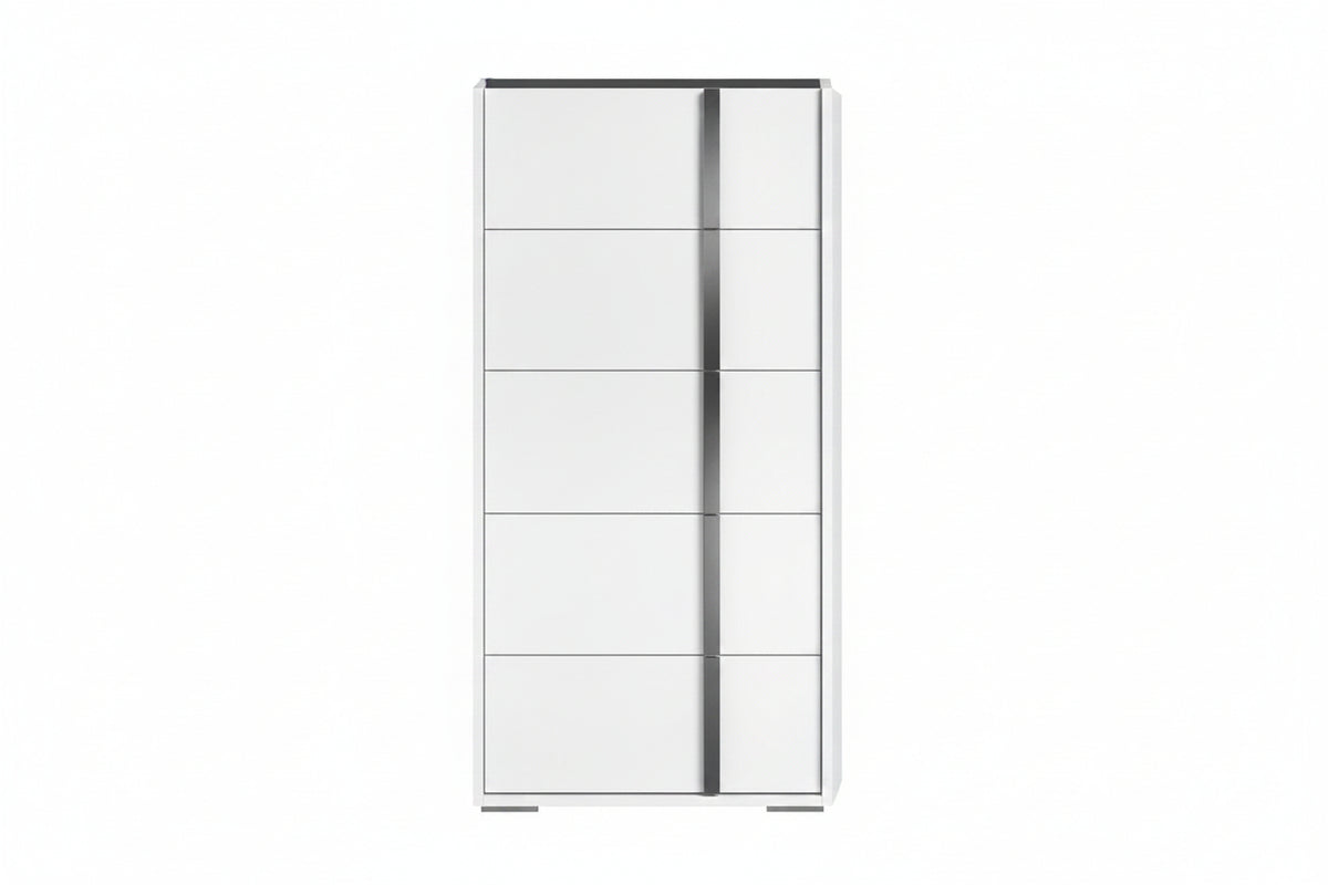 A modern white five-drawer storage cabinet with a sleek vertical metallic handle and slim black trim, shown against a plain white background.