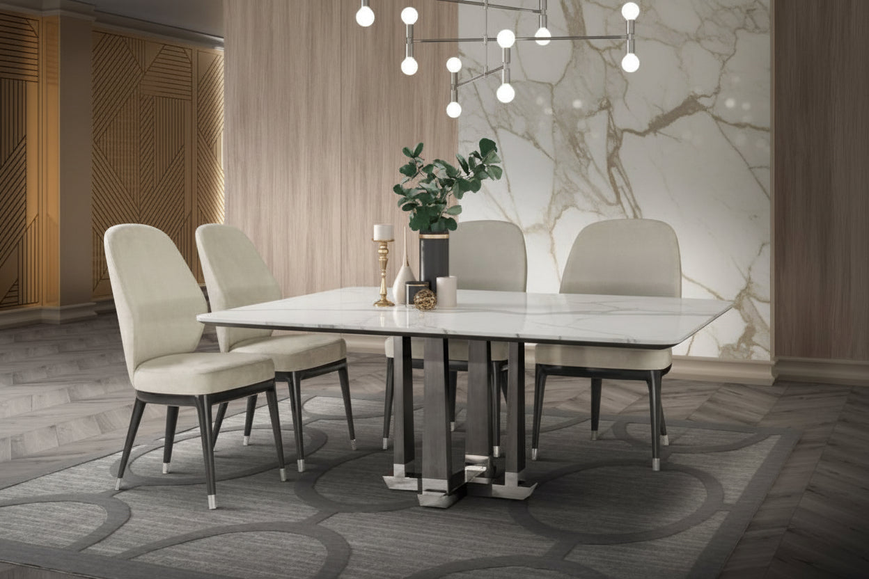 Dining room with a marble table and chairs in a stylish interior setting.