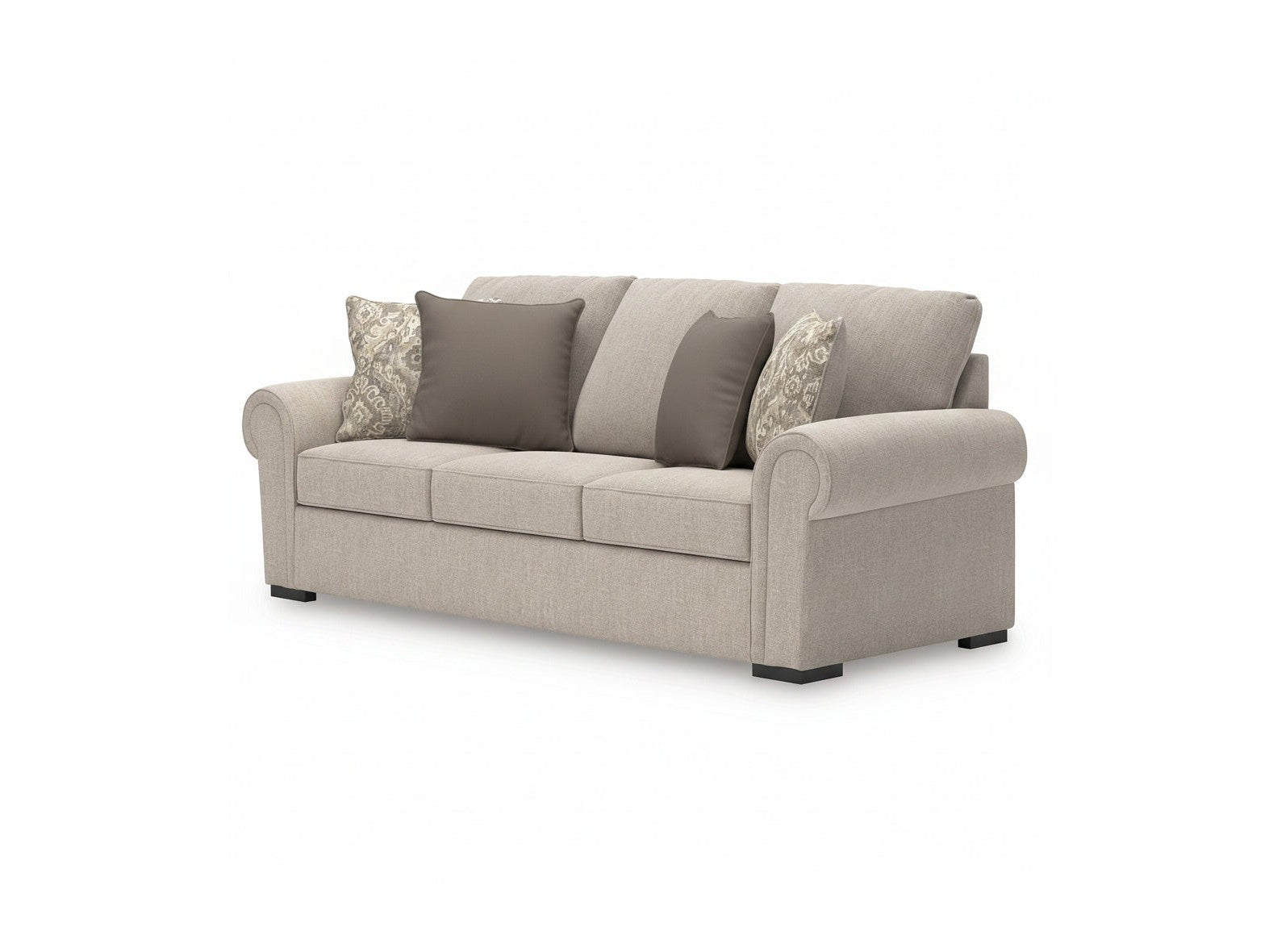 Sararose beige sofa with decorative pillows on a white background