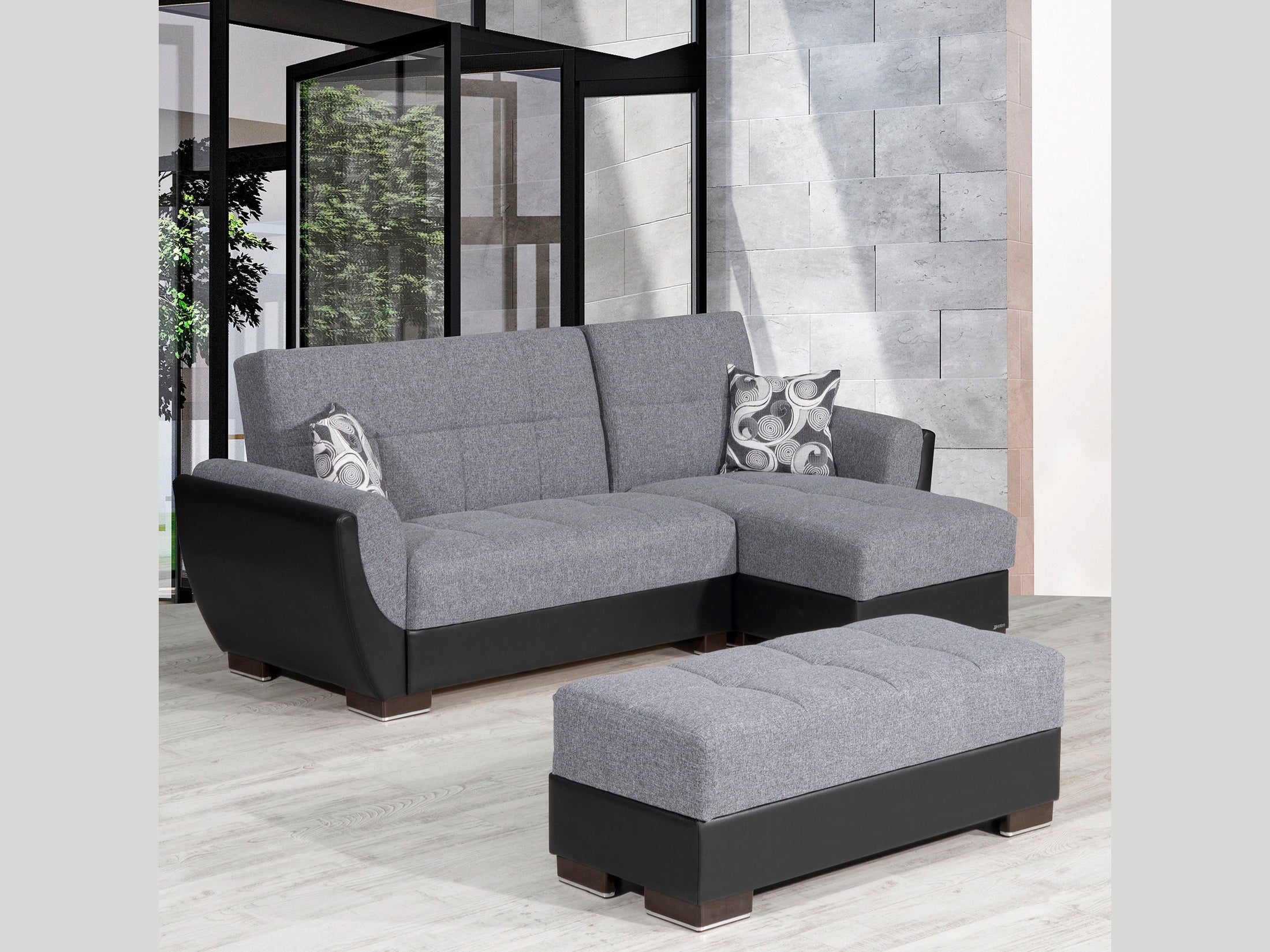 Ottomanson Armada Air - Upholstered Ottoman With Storage - Gray/Black PU Polyester