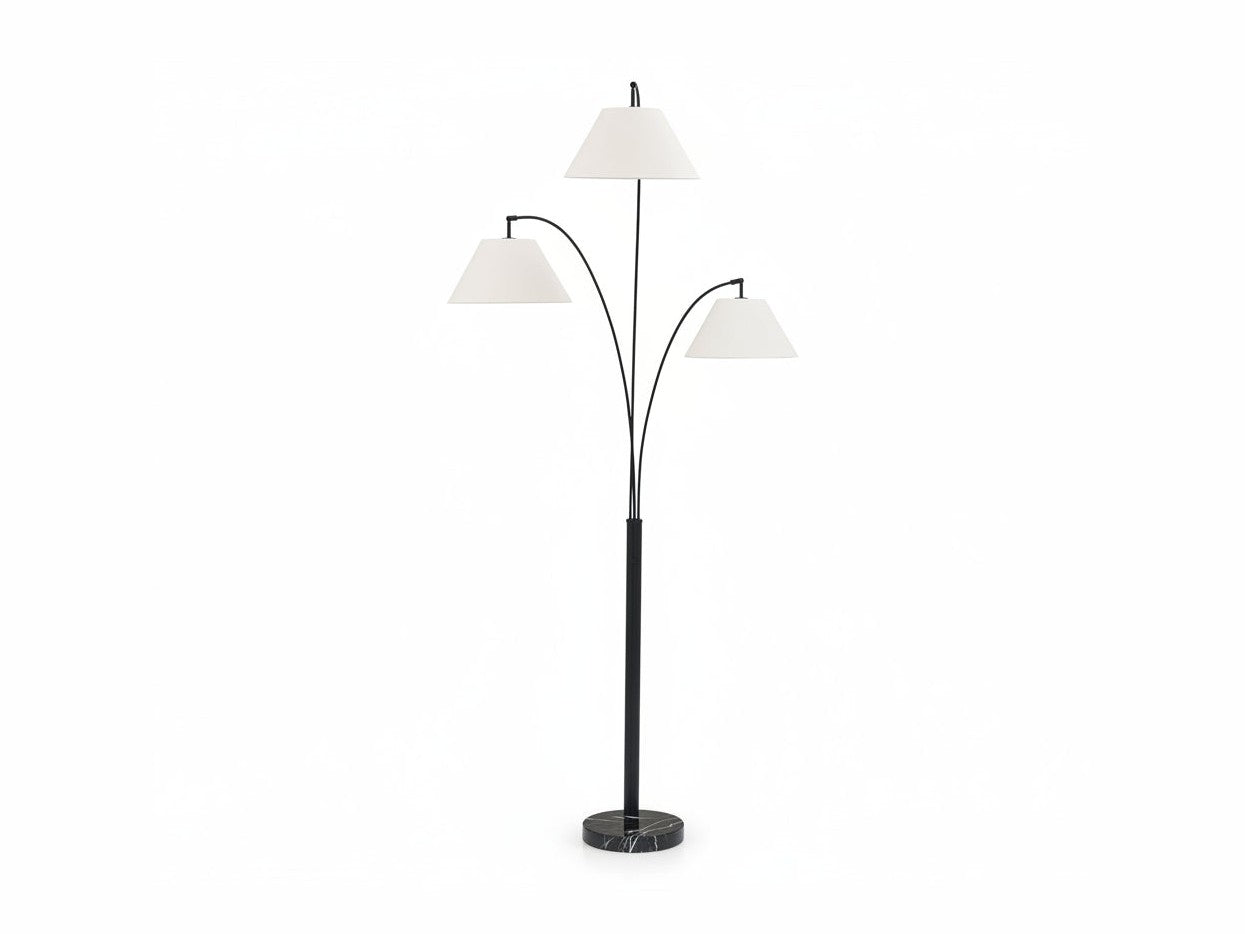 The Gibbswellner three-arm floor lamp with white lampshades on a white background.