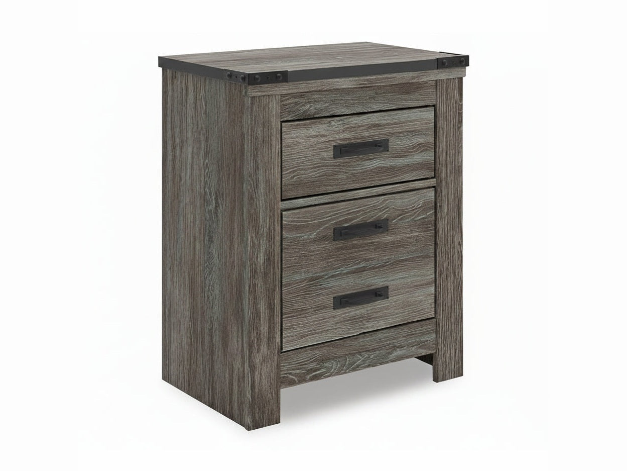 Wooden nightstand with three drawers on a white background