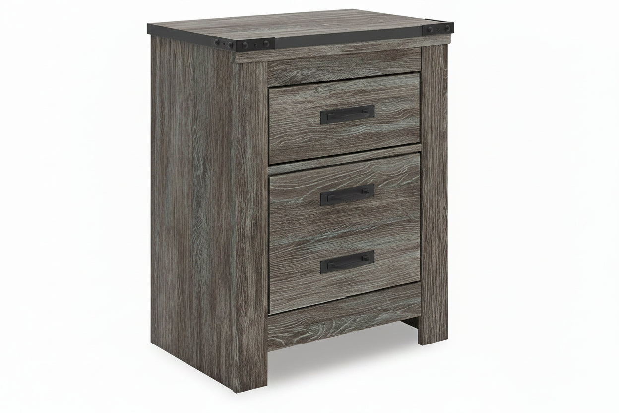 Wooden nightstand with three drawers on a white background