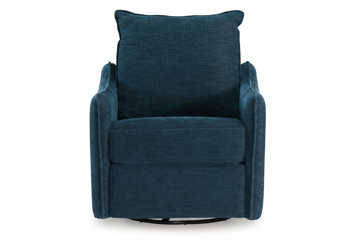 Blue upholstered armchair with a pillow on a white background
