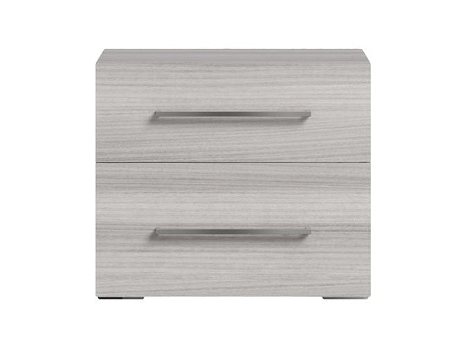A two-drawer nightstand with a light gray wood grain finish and slim horizontal metallic handles, shown against a plain white background.