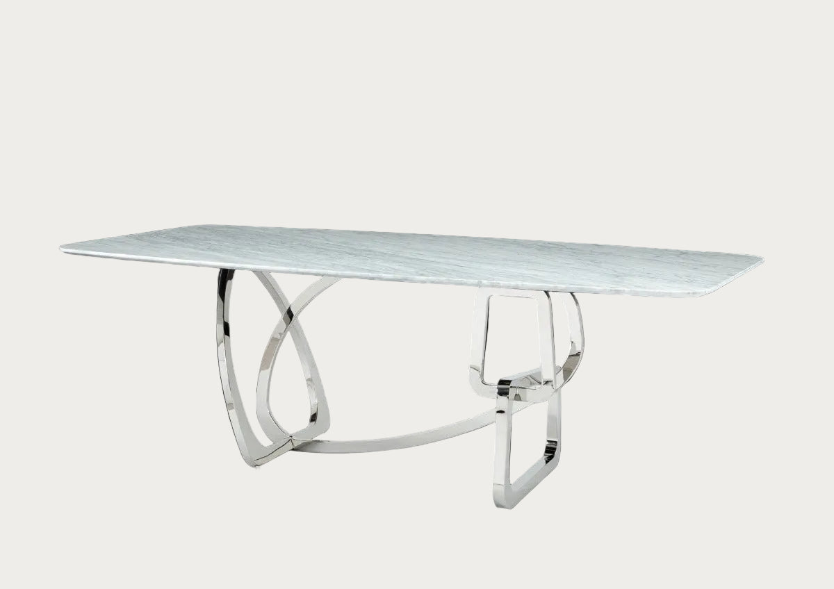Modern dining table with unique metal base on a dark background