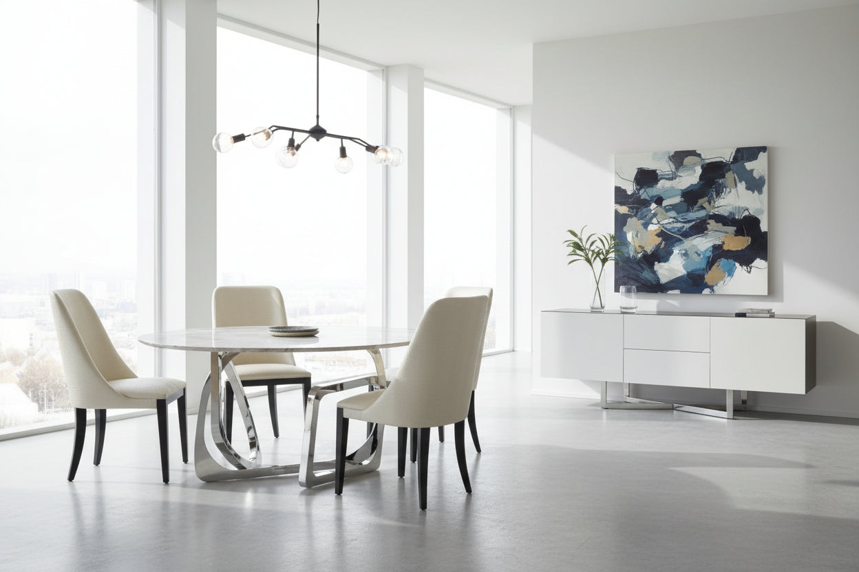 Tangle dining table with marble top and modern chairs in a room scene.