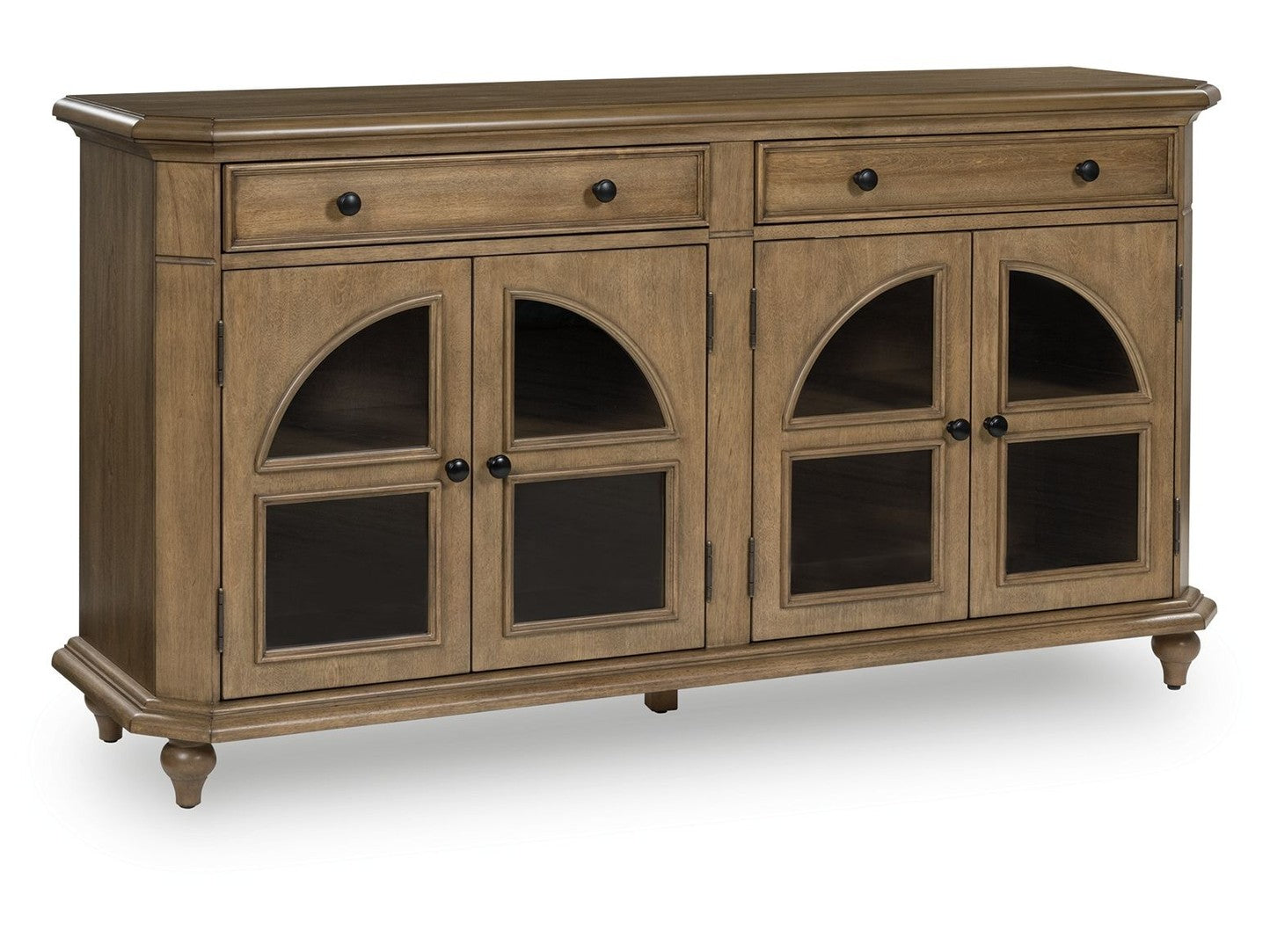 Wooden sideboard with glass doors on a white background