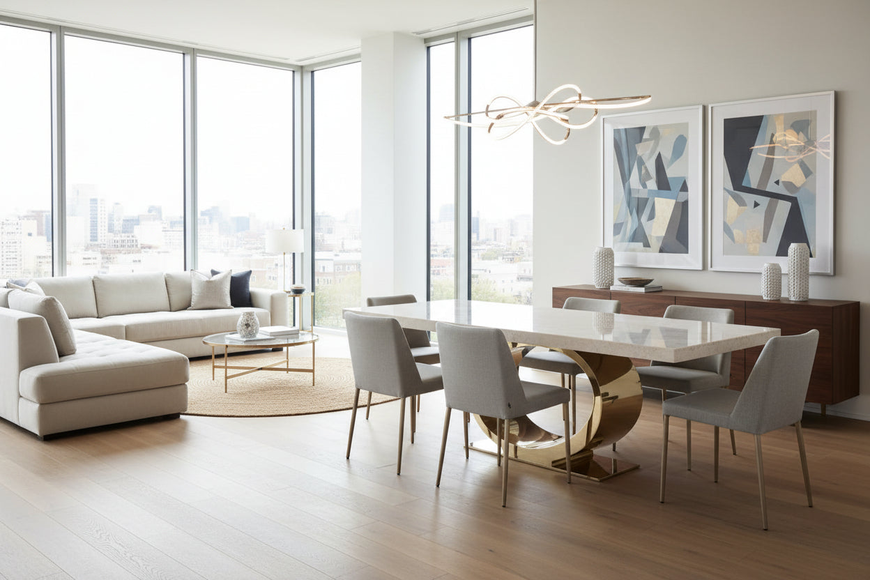 The Eye dining table with gold metal base by Stone International