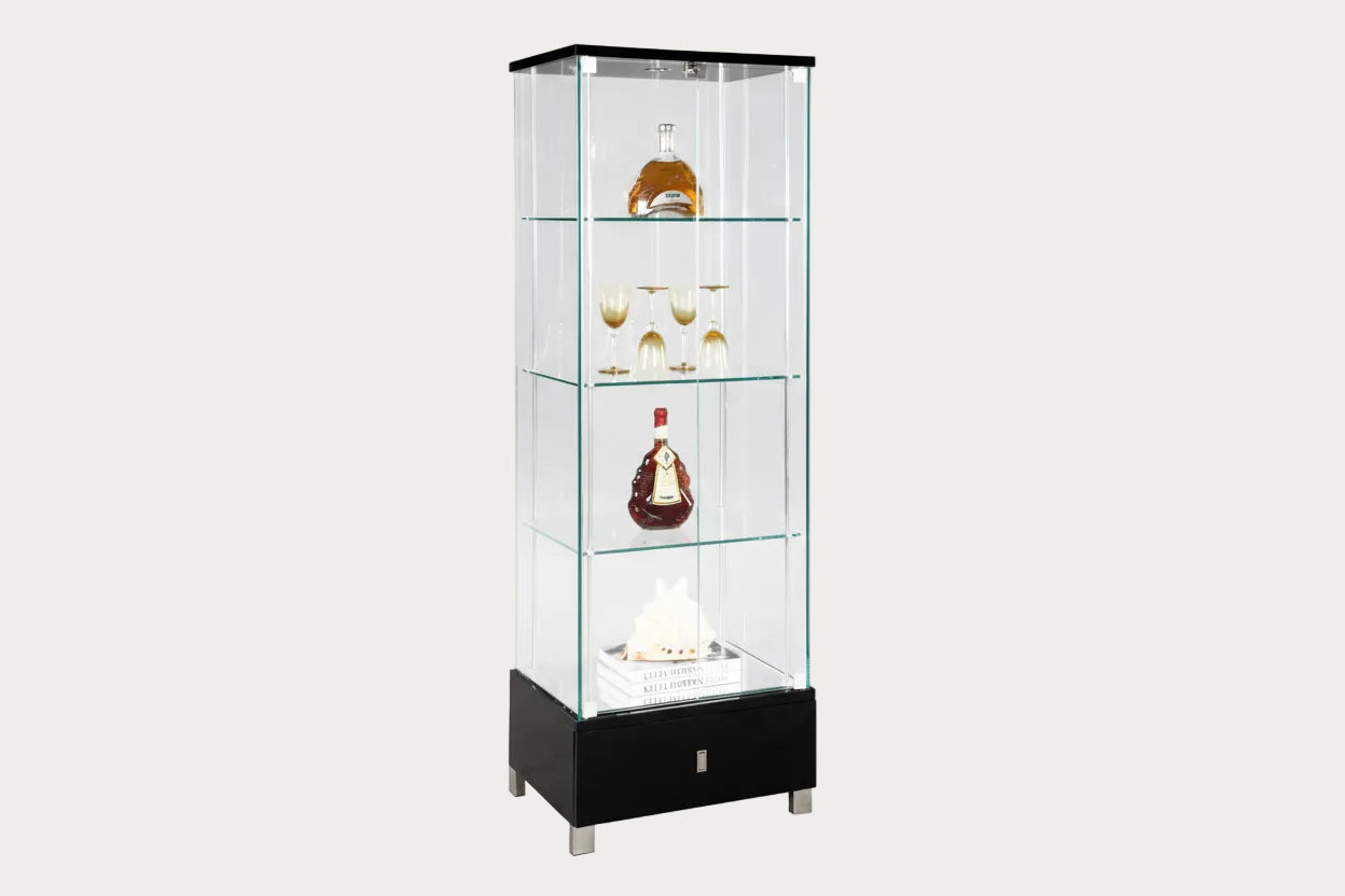 6628 Curio with glass display cabinet with bottles and glasses on a white background