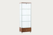 6628 Curio with glass display cabinet with wooden walnut base and top on a white background