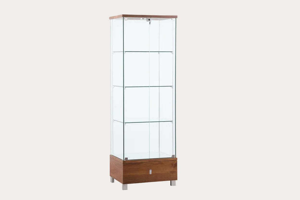 6628 Curio with glass display cabinet with wooden walnut base and top on a white background