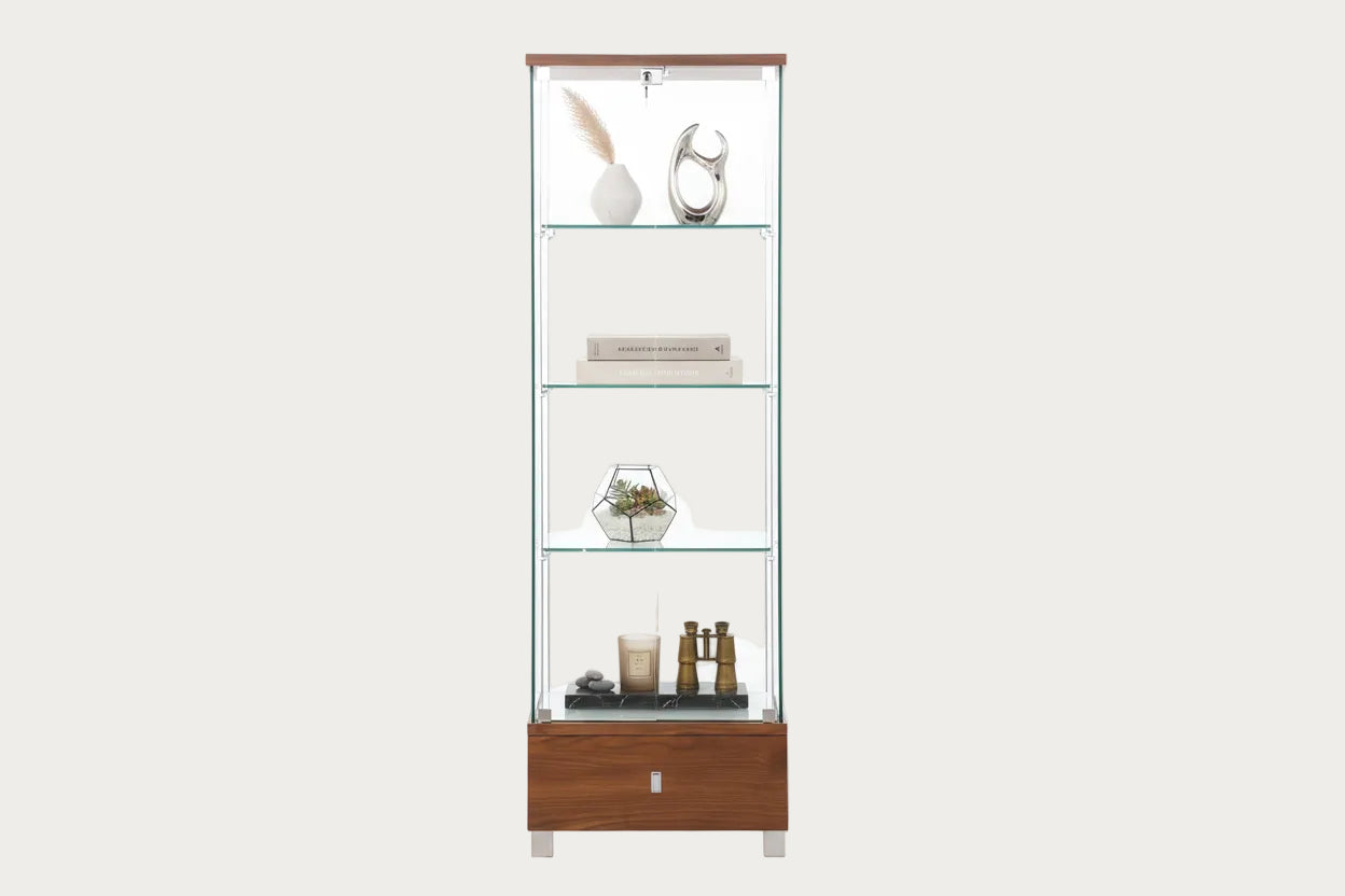 Tall wooden Curio with glass shelves on a white background