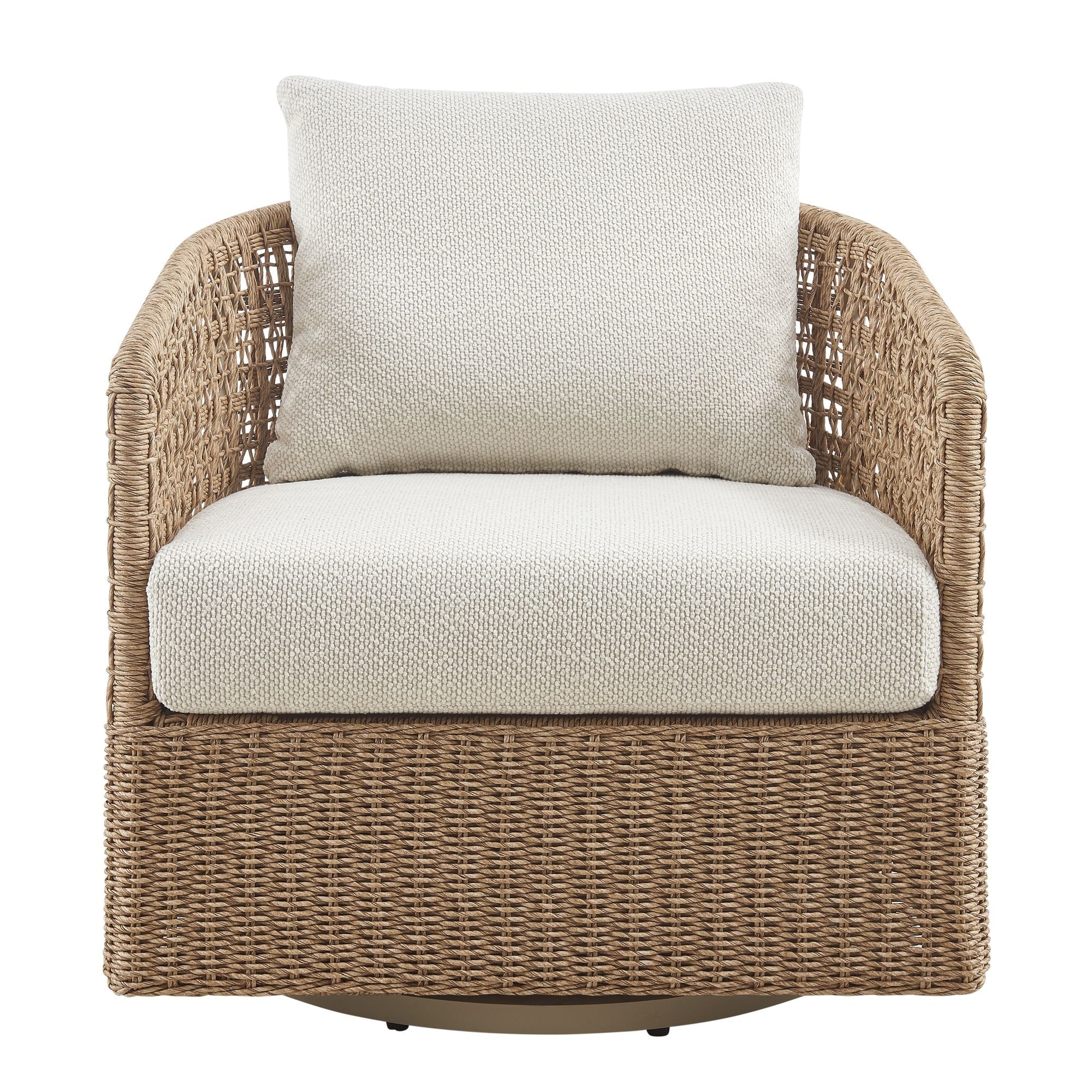 Driftbay - Metal Outdoor Swivel Lounge Chair With Cushions - Boucle White / Natural