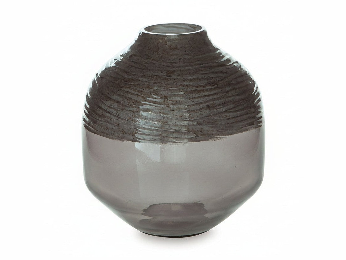 Smoky gray glass vase with ribbed texture on a white background