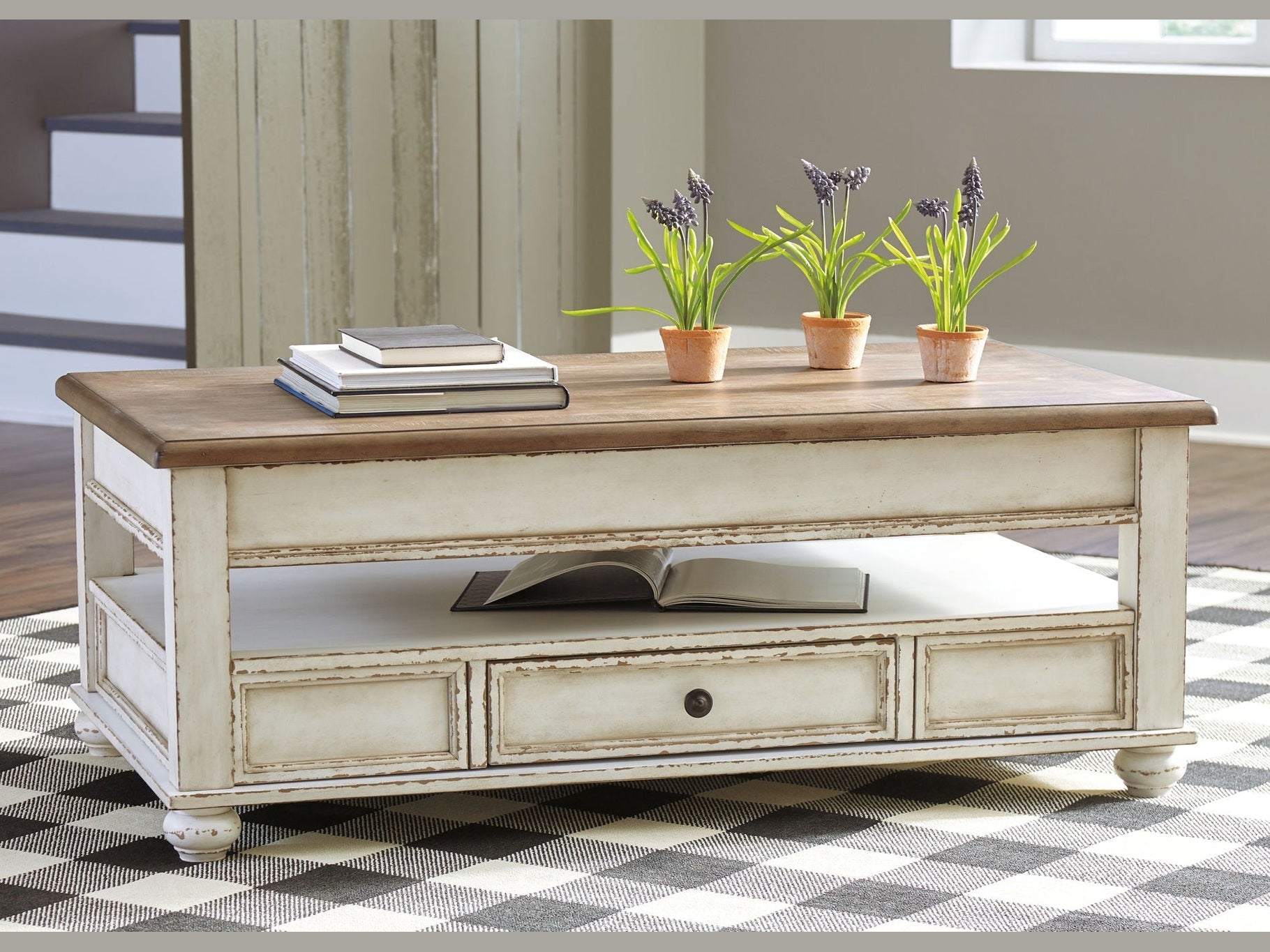 Realyn - Lift Top Cocktail Table - White / Brown