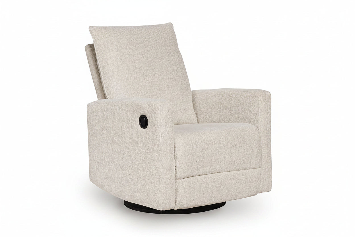 A modern upholstered swivel recliner chair in a light beige textured fabric, featuring a high back, wide armrests, and a small black circular control button on the outer armrest, set against a plain white background.