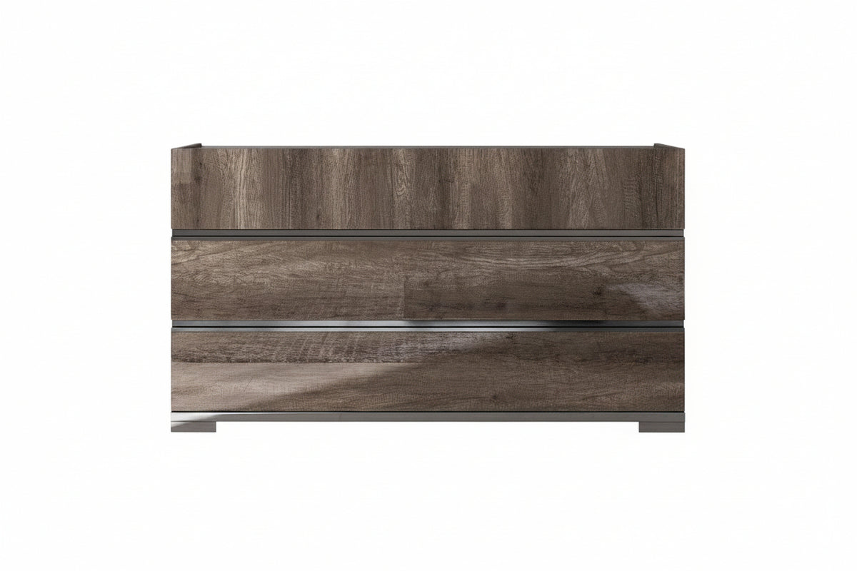 A three-drawer dresser with a dark brown wood grain finish and slim metallic handles, shown against a plain white background.