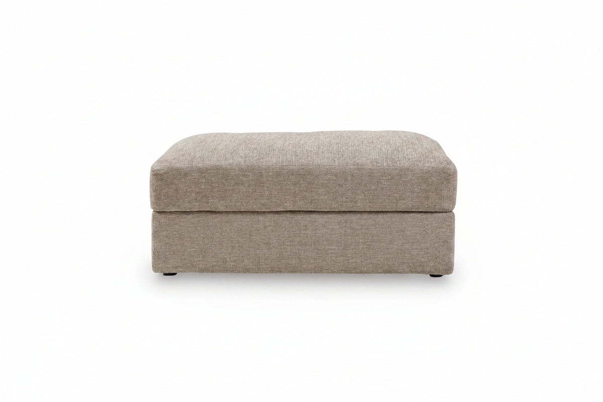 A rectangular upholstered ottoman or storage bench with a thick cushioned top and textured fabric, shown against a plain white background.