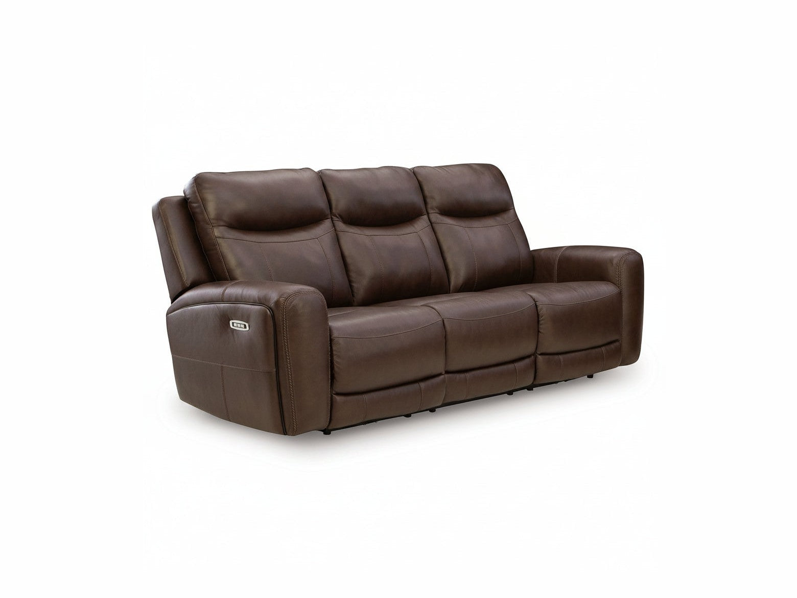 Gravier brown leather sofa with reclining feature on a white background