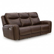Gravier brown leather sofa with reclining feature on a white background