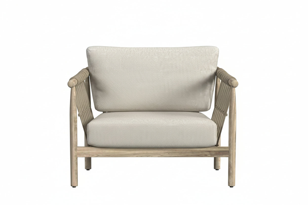 Beige armchair with wooden frame on a white background