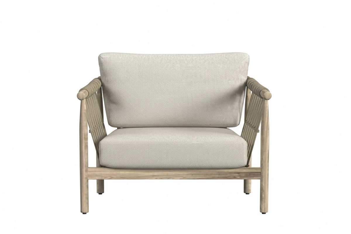 Beige armchair with wooden frame on a white background