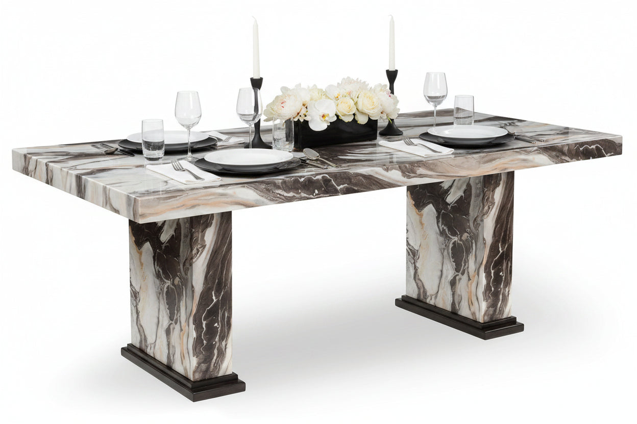 Marble-patterned dining table on a white background