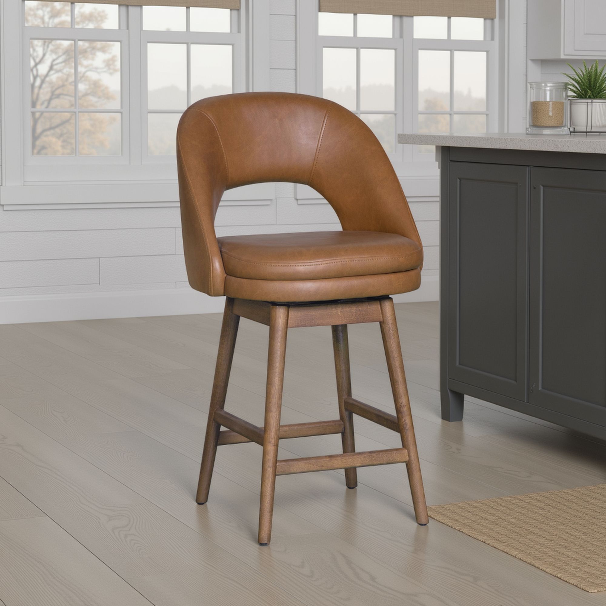Adrian - 28.5" Mid-Century Modern Swivel Rubberwood Counter Or Bar Height Barstool With Faux Leather Seat - Toffee