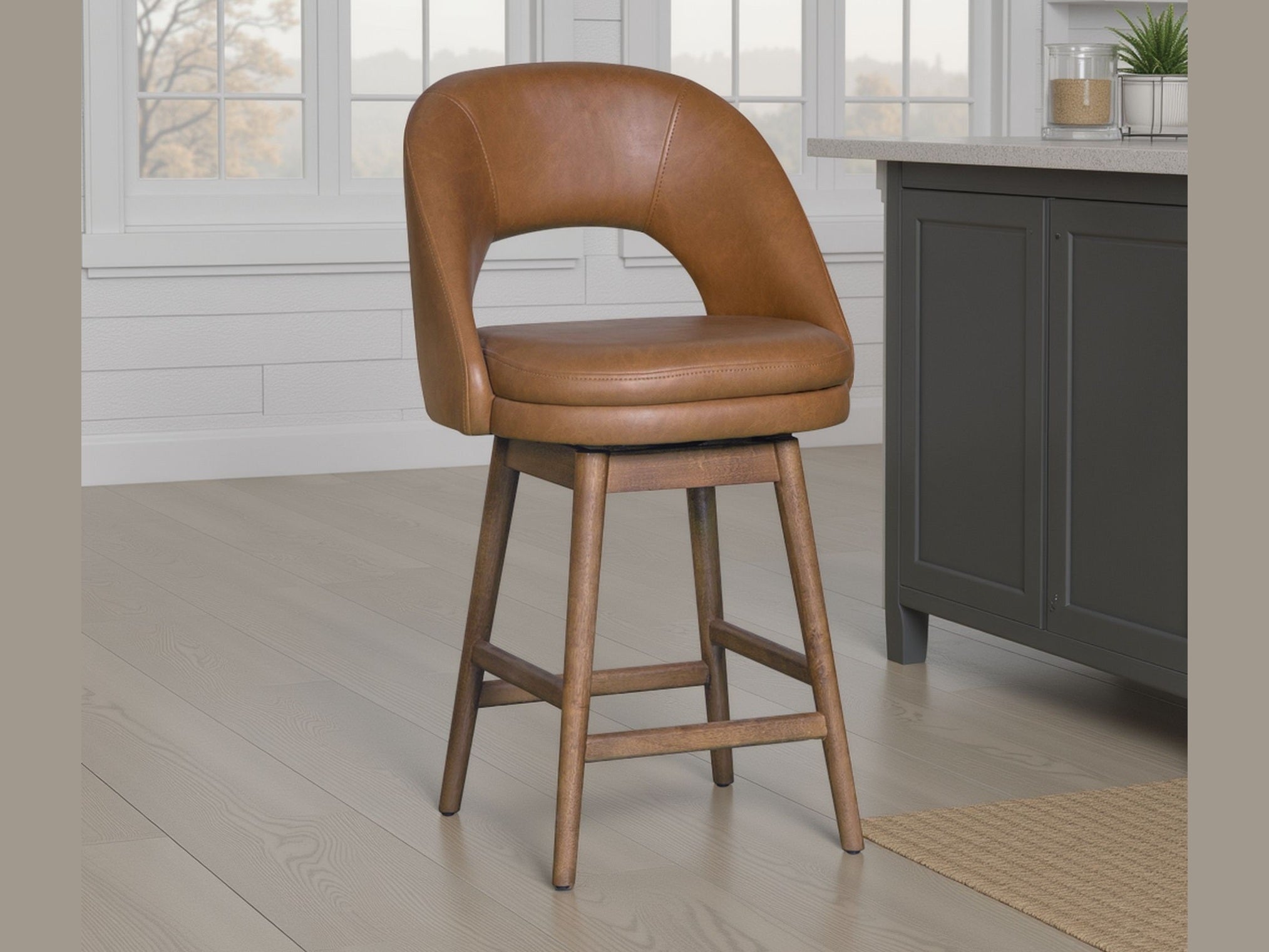 Adrian - 28.5" Mid-Century Modern Swivel Rubberwood Counter Or Bar Height Barstool With Faux Leather Seat - Toffee