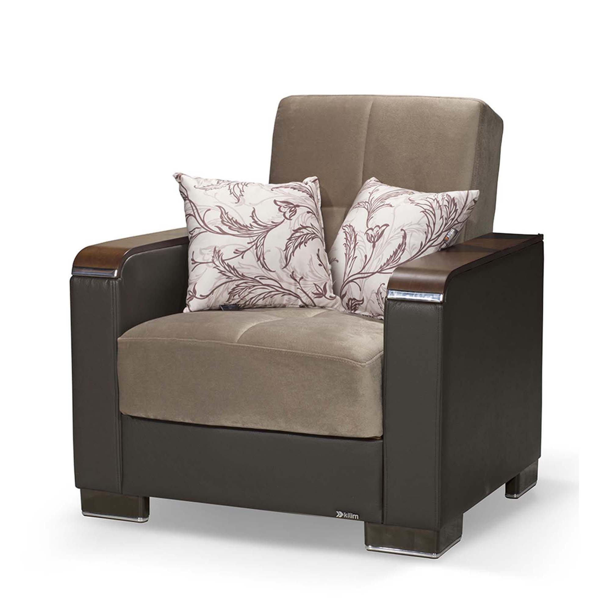 Ottomanson Armada X - Upholstered Convertible Wood Trimmed Armchair With Storage - Beige/Brown PU Chenille
