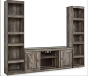 Wooden entertainment center with bookshelves on a white background