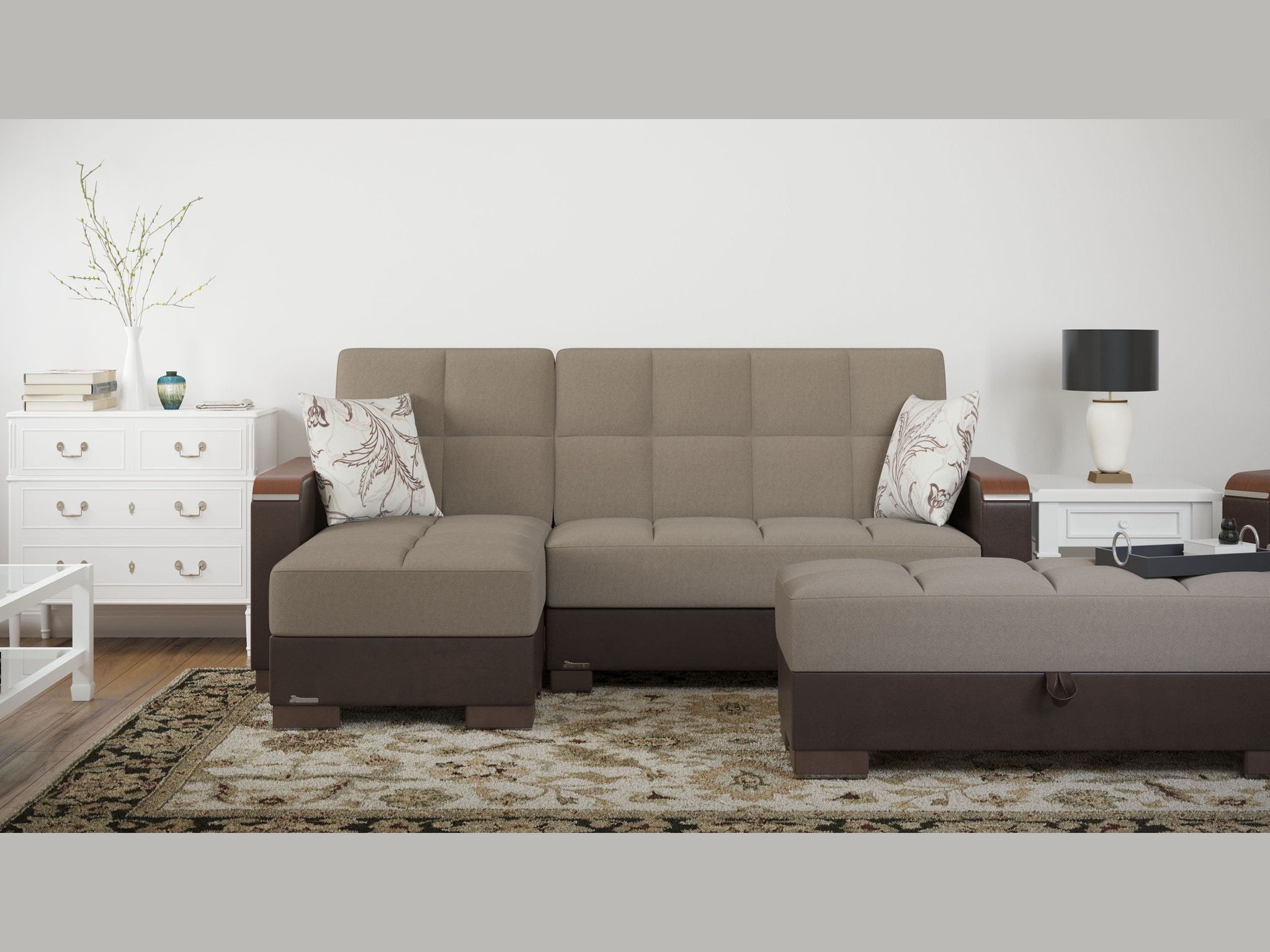Ottomanson Armada X - Upholstered Convertible Wood Trimmed Ottoman With Storage - Beige/Brown PU Chenille