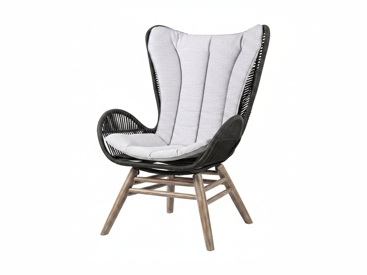Modern chair with black woven backrest and gray cushion on a white background