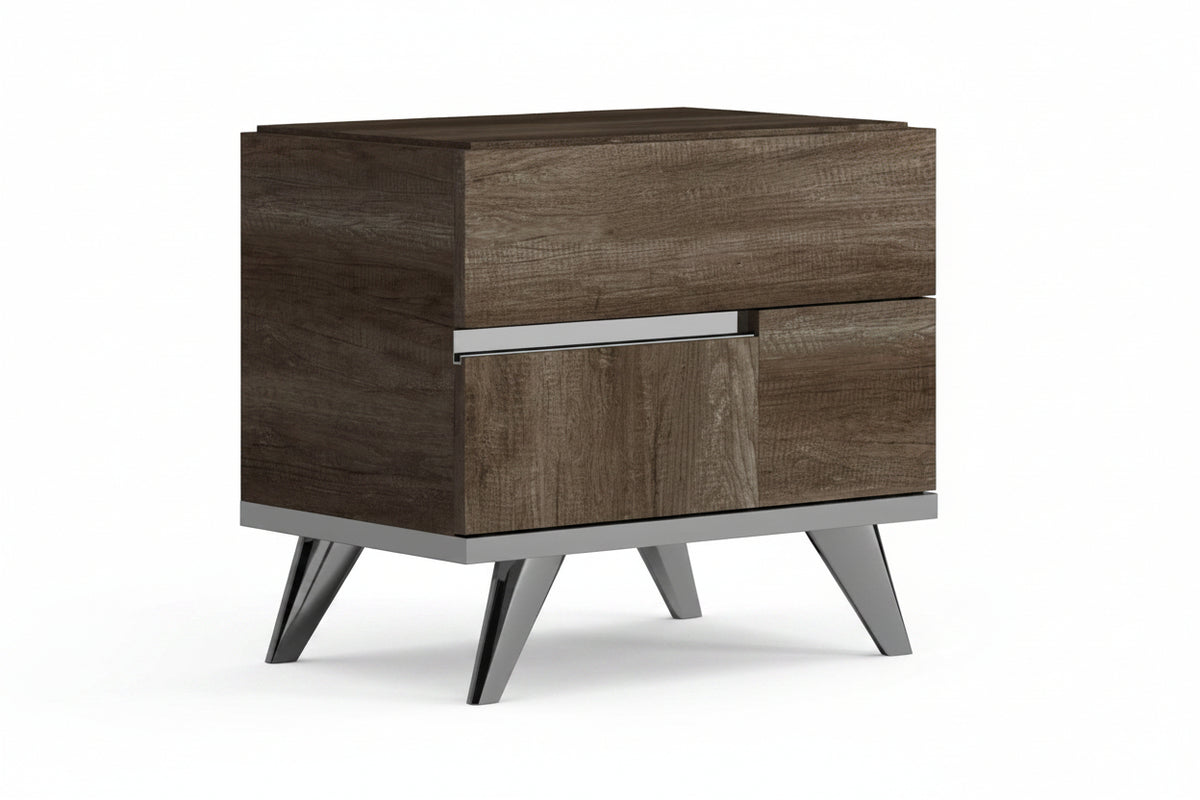 A modern two-drawer nightstand with a dark brown wood grain finish and sleek silver metal legs and trim, shown on a plain white background.