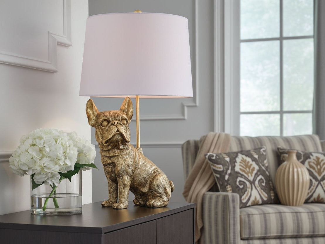 Wadeland decorative lamp shaped like a dog on a table with a lampshade in a room setting.