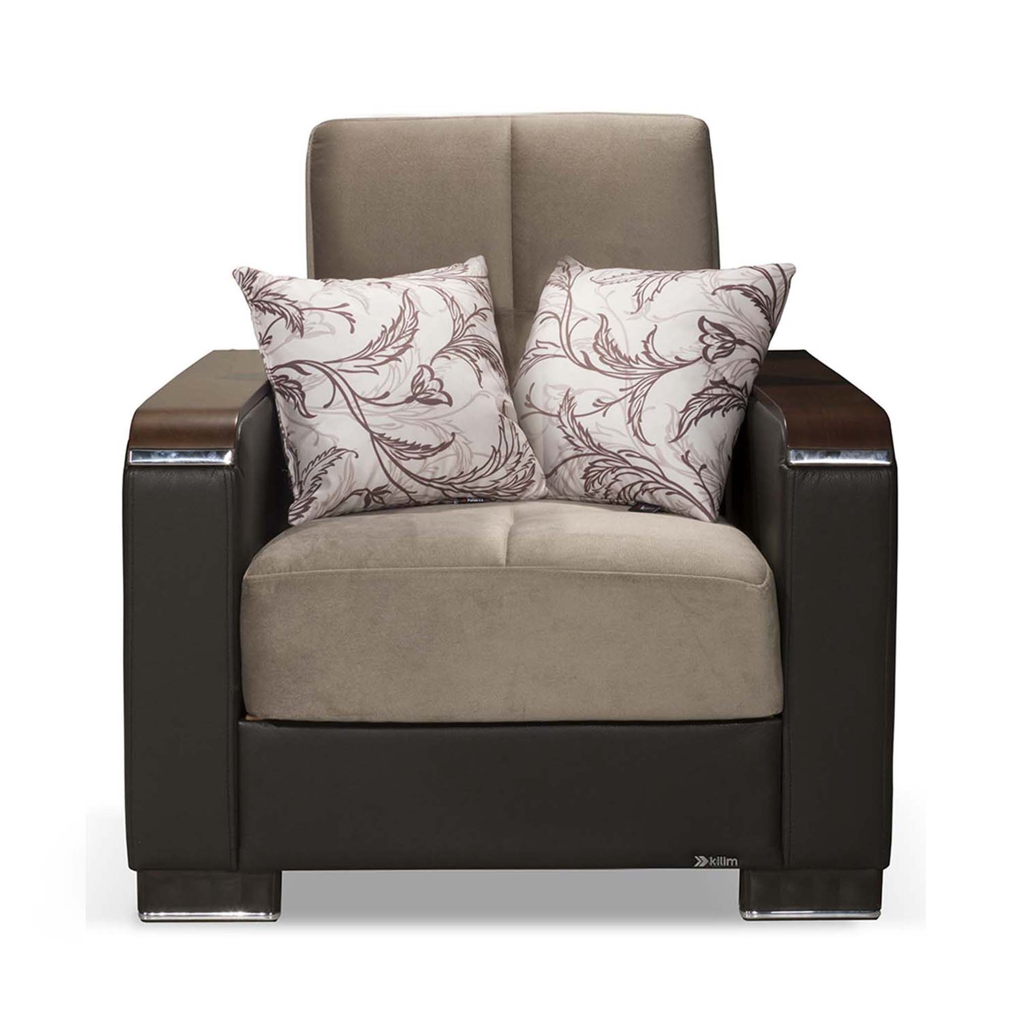 Ottomanson Armada X - Upholstered Convertible Wood Trimmed Armchair With Storage - Beige/Brown PU Chenille